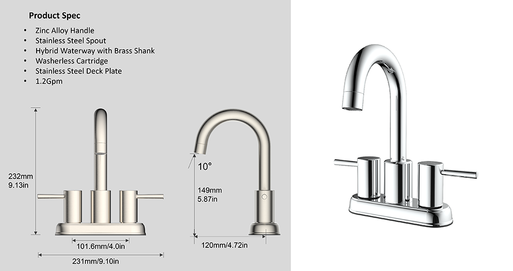 113110134 Taymor Collection 4in Watersense yakasimbiswa Faucet Maviri-mubato Centerset Lavatory Faucet