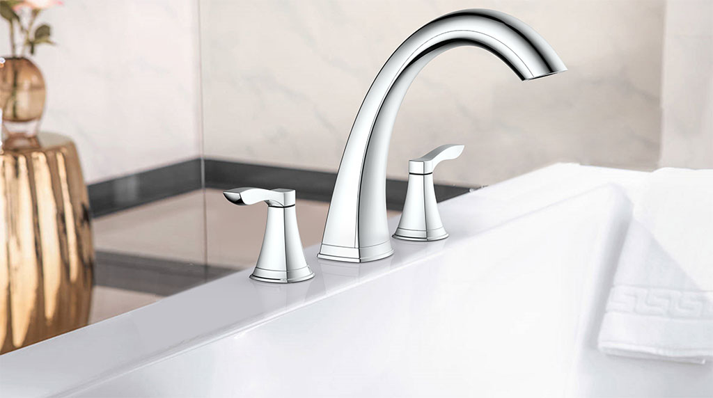 Arden Roman Tub Faucet ባለ ሁለት ደረጃ መያዣዎች 8 ኢንች ሰፊ የመታጠቢያ ገንዳ 3-ቀዳዳ መጫኛ 11133031A-1