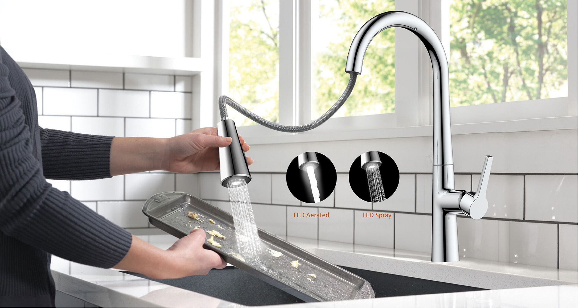 Dino LED Pull-Out Kitchen Faucet,-Deck Mount,-Quick Install