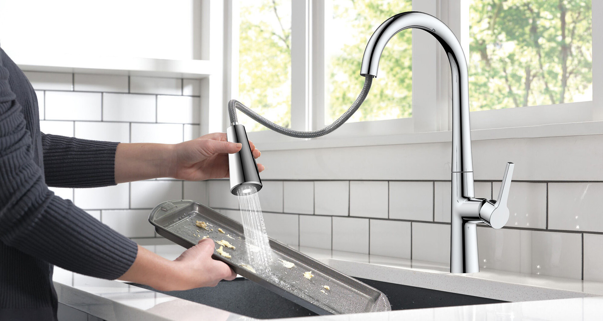 Dino LED Pull-Out Kitchen Faucet,-Deck Mount,-Quick Install
