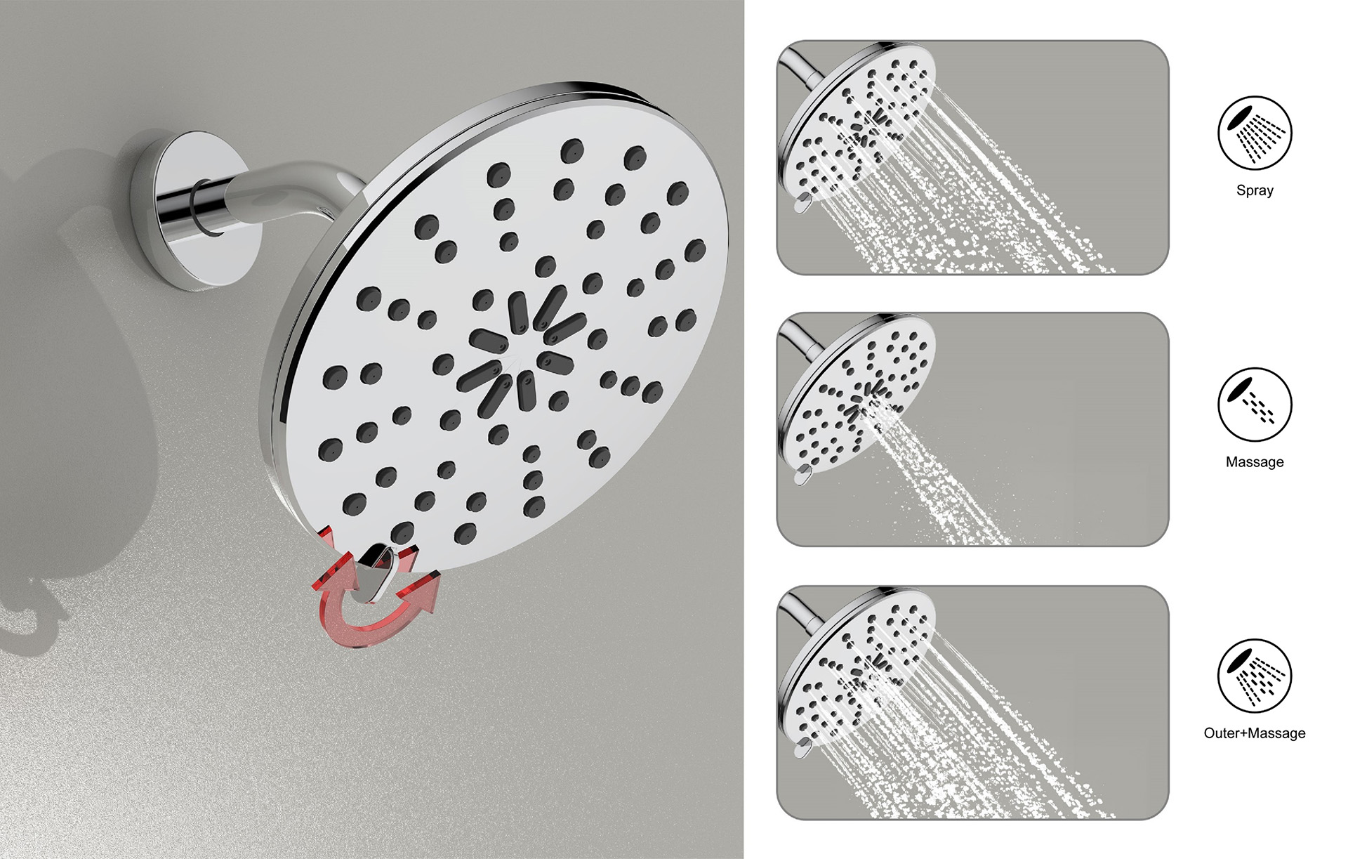 Echo Series 3-Setting Raincan Shower Head